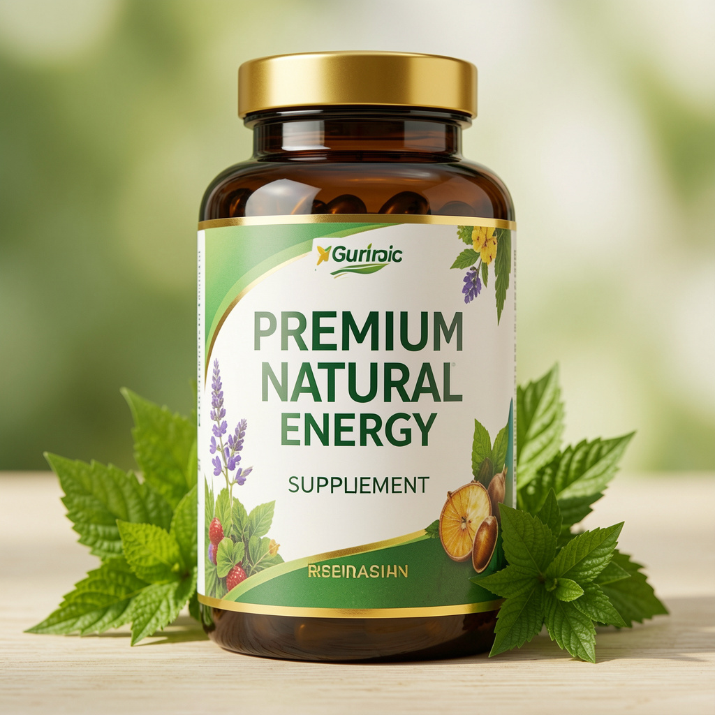 Premium natural energy supplement bottle
